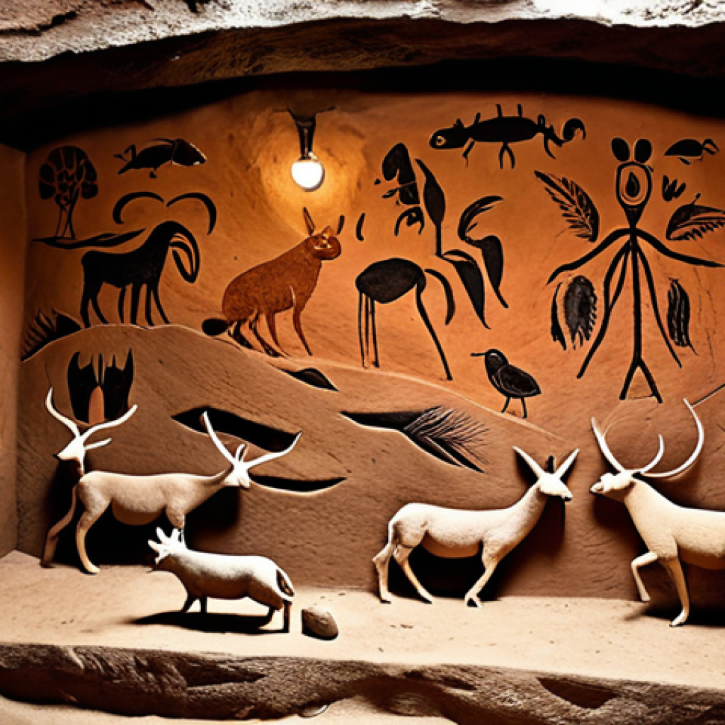 **Cave Painting Recreation:** A vibrant and detailed recreation of ancient cave paintings depicting animals and scenes of daily life, using natural pigments like charcoal and clay on a rough, textured cave wall. Focus on the movement and energy captured in the primitive art style.