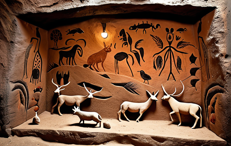 **Cave Painting Recreation:** A vibrant and detailed recreation of ancient cave paintings depicting animals and scenes of daily life, using natural pigments like charcoal and clay on a rough, textured cave wall. Focus on the movement and energy captured in the primitive art style.