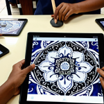 **A vibrant flipped classroom scene in a Malaysian art school, students collaborating on a batik painting project, teacher facilitating with a tablet showing a Jawi calligraphy tutorial video.** (This visual combines flipped classroom concept, local art form, and teacher integrating technology.)