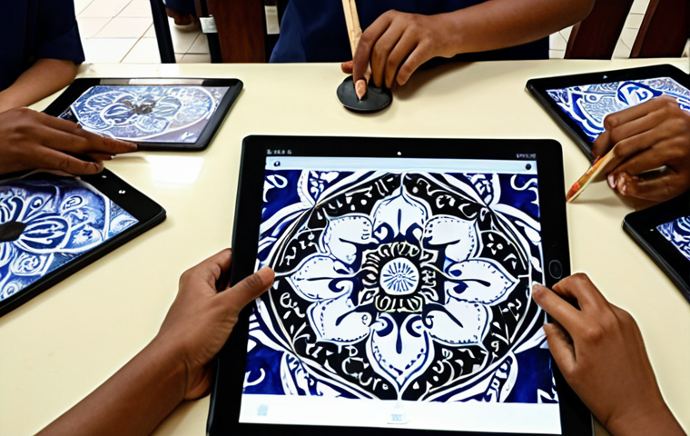 **A vibrant flipped classroom scene in a Malaysian art school, students collaborating on a batik painting project, teacher facilitating with a tablet showing a Jawi calligraphy tutorial video.** (This visual combines flipped classroom concept, local art form, and teacher integrating technology.)