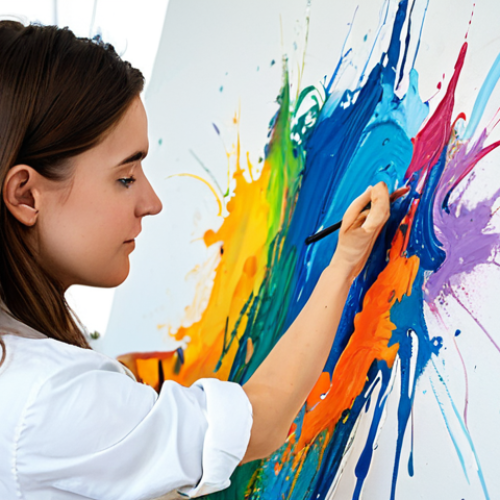 A professional artist, fully clothed in modest attire, deeply focused and serene, painting with vibrant acrylic colors on a large canvas in a bright, modern art studio. The scene captures the 'flow state' of creativity, with visible layers of paint and expressive brushstrokes. Natural pose, perfect anatomy, correct proportions, well-formed hands, proper finger count, natural body proportions. Professional photography, high-resolution, sharp focus, natural light. Safe for work, appropriate content, fully clothed, family-friendly.