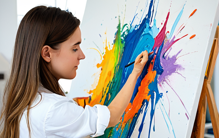 A professional artist, fully clothed in modest attire, deeply focused and serene, painting with vibrant acrylic colors on a large canvas in a bright, modern art studio. The scene captures the 'flow state' of creativity, with visible layers of paint and expressive brushstrokes. Natural pose, perfect anatomy, correct proportions, well-formed hands, proper finger count, natural body proportions. Professional photography, high-resolution, sharp focus, natural light. Safe for work, appropriate content, fully clothed, family-friendly.